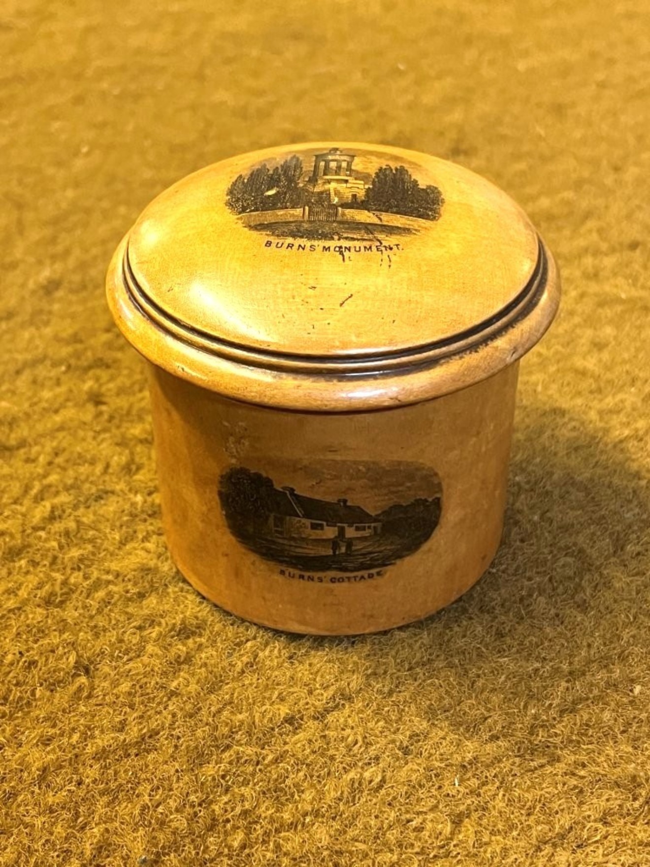 Antique Mauchline Ware Cylindrical Lidded Pot, Burns Monument, Burns Cottage and Alloway Kirk