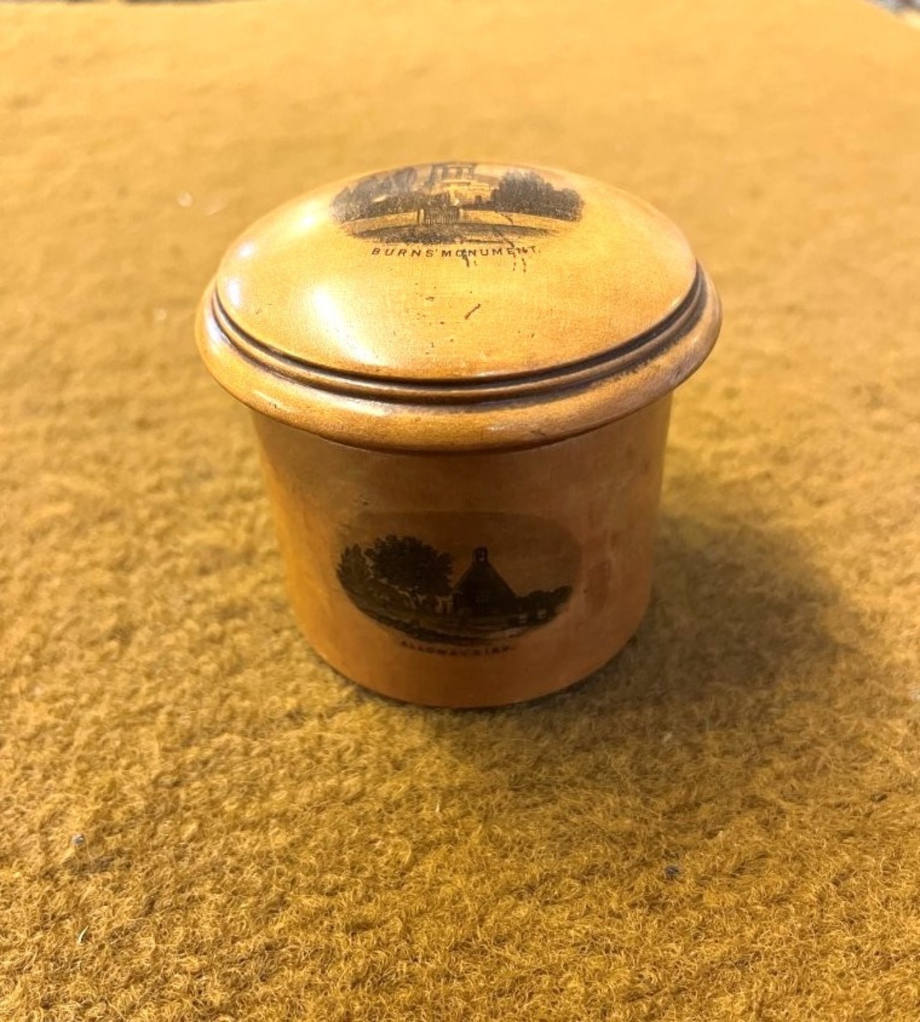 Antique Mauchline Ware Cylindrical Lidded Pot, Burns Monument, Burns Cottage and Alloway Kirk