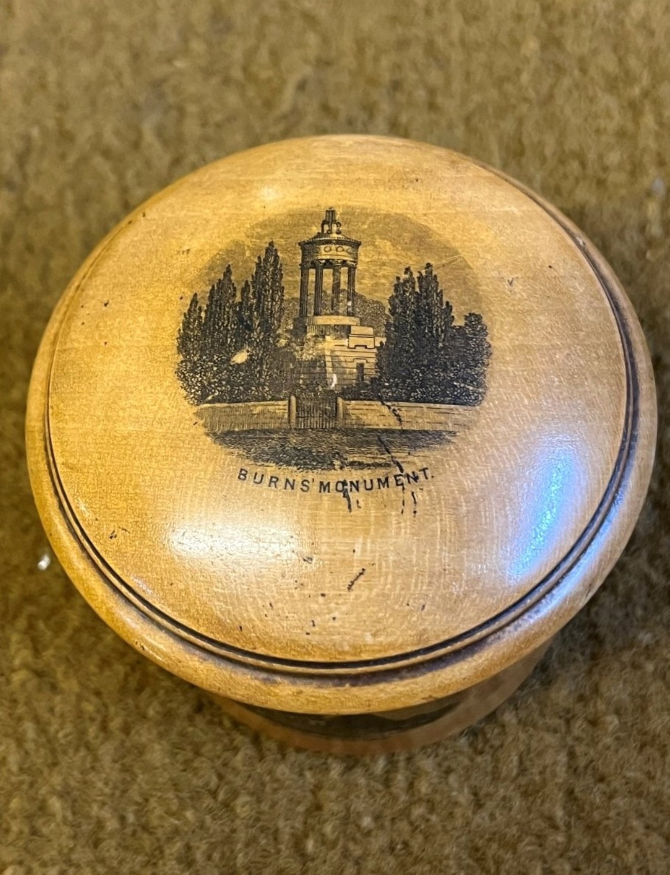 Antique Mauchline Ware Cylindrical Lidded Pot, Burns Monument, Burns Cottage and Alloway Kirk