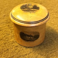 Antique Mauchline Ware Cylindrical Lidded Pot, Burns Monument, Burns Cottage and Alloway Kirk