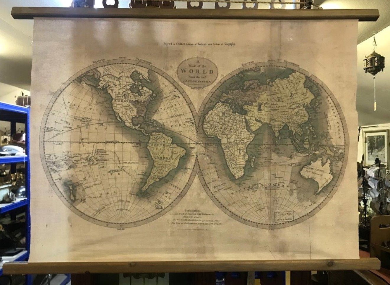 Antique Canvas Hanging Map of the World from the best Authorities. Western Hemisphere. Eastern Hemisphere. Engrav'd for Carey's Edition of Guthrie's new System of Geography