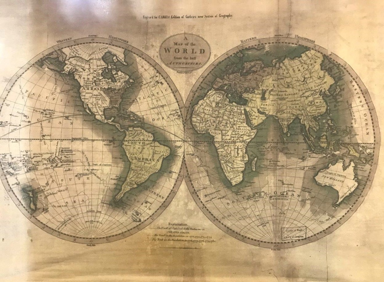 Antique Canvas Hanging Map of the World from the best Authorities. Western Hemisphere. Eastern Hemisphere. Engrav'd for Carey's Edition of Guthrie's new System of Geography