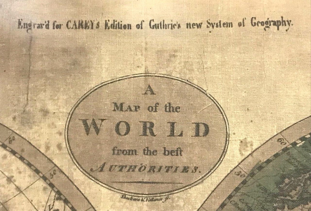 Antique Canvas Hanging Map of the World from the best Authorities. Western Hemisphere. Eastern Hemisphere. Engrav'd for Carey's Edition of Guthrie's new System of Geography