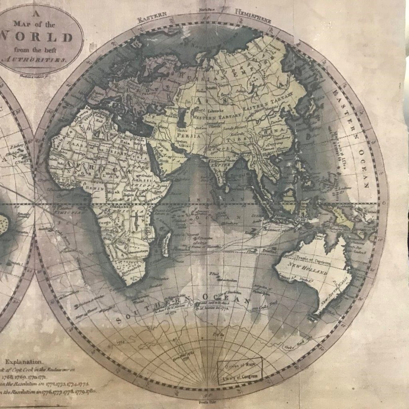 Antique Canvas Hanging Map of the World from the best Authorities. Western Hemisphere. Eastern Hemisphere. Engrav'd for Carey's Edition of Guthrie's new System of Geography