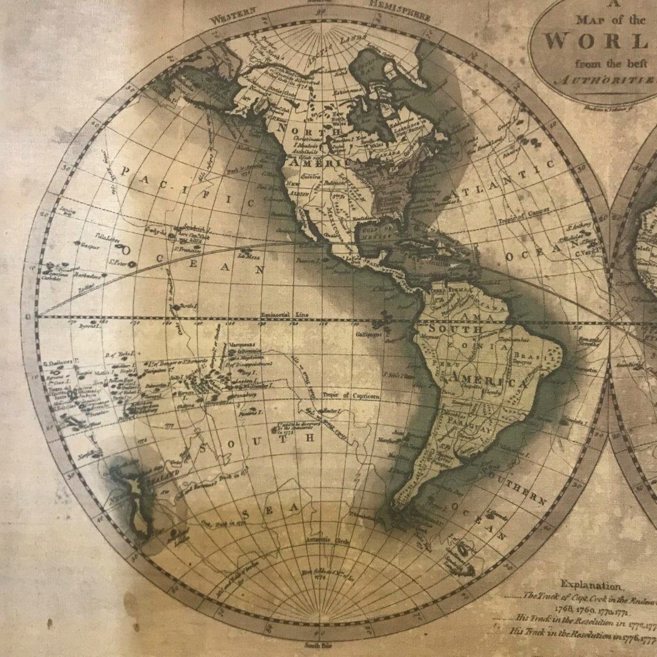 Antique Canvas Hanging Map of the World from the best Authorities. Western Hemisphere. Eastern Hemisphere. Engrav'd for Carey's Edition of Guthrie's new System of Geography