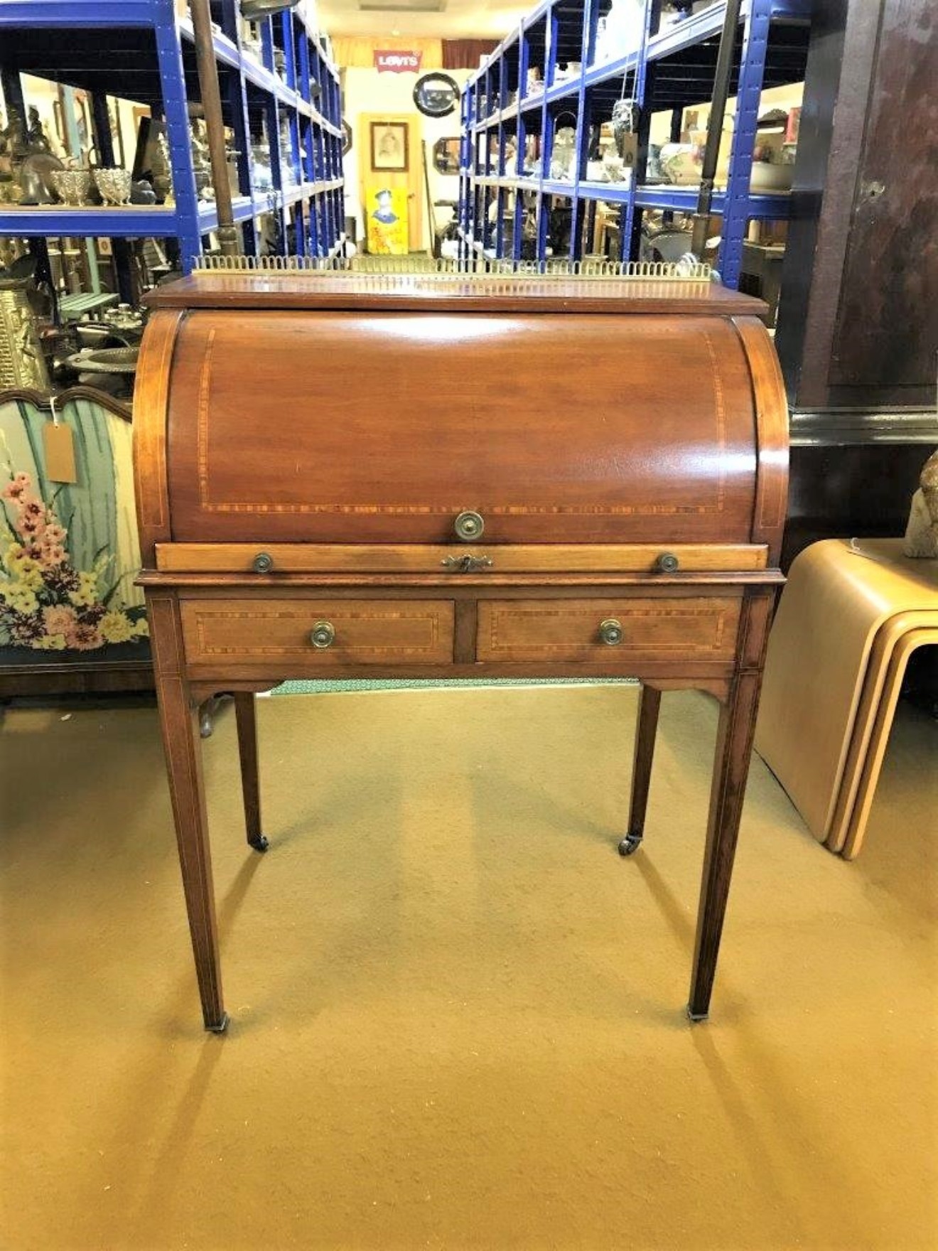 Edwardian Mahogany Inlaid Cylinder Top Desk