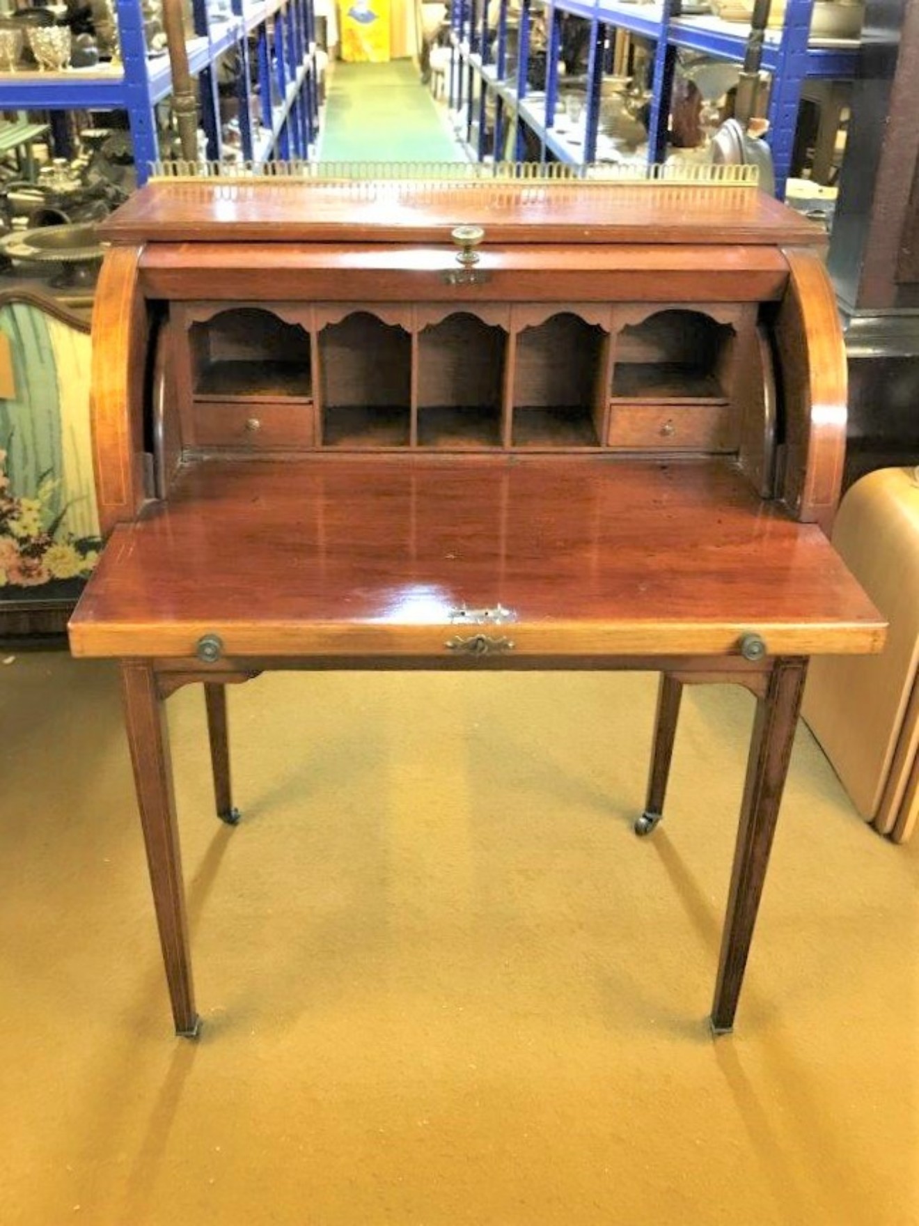 Edwardian Mahogany Inlaid Cylinder Top Desk