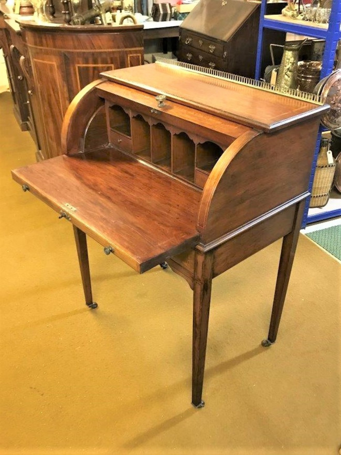 Edwardian Mahogany Inlaid Cylinder Top Desk