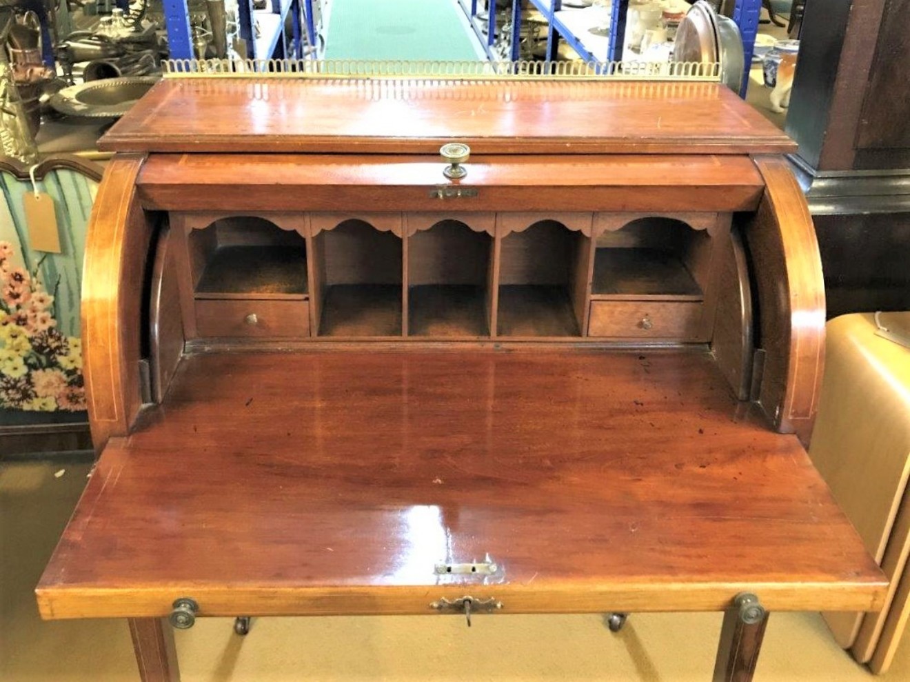 Edwardian Mahogany Inlaid Cylinder Top Desk