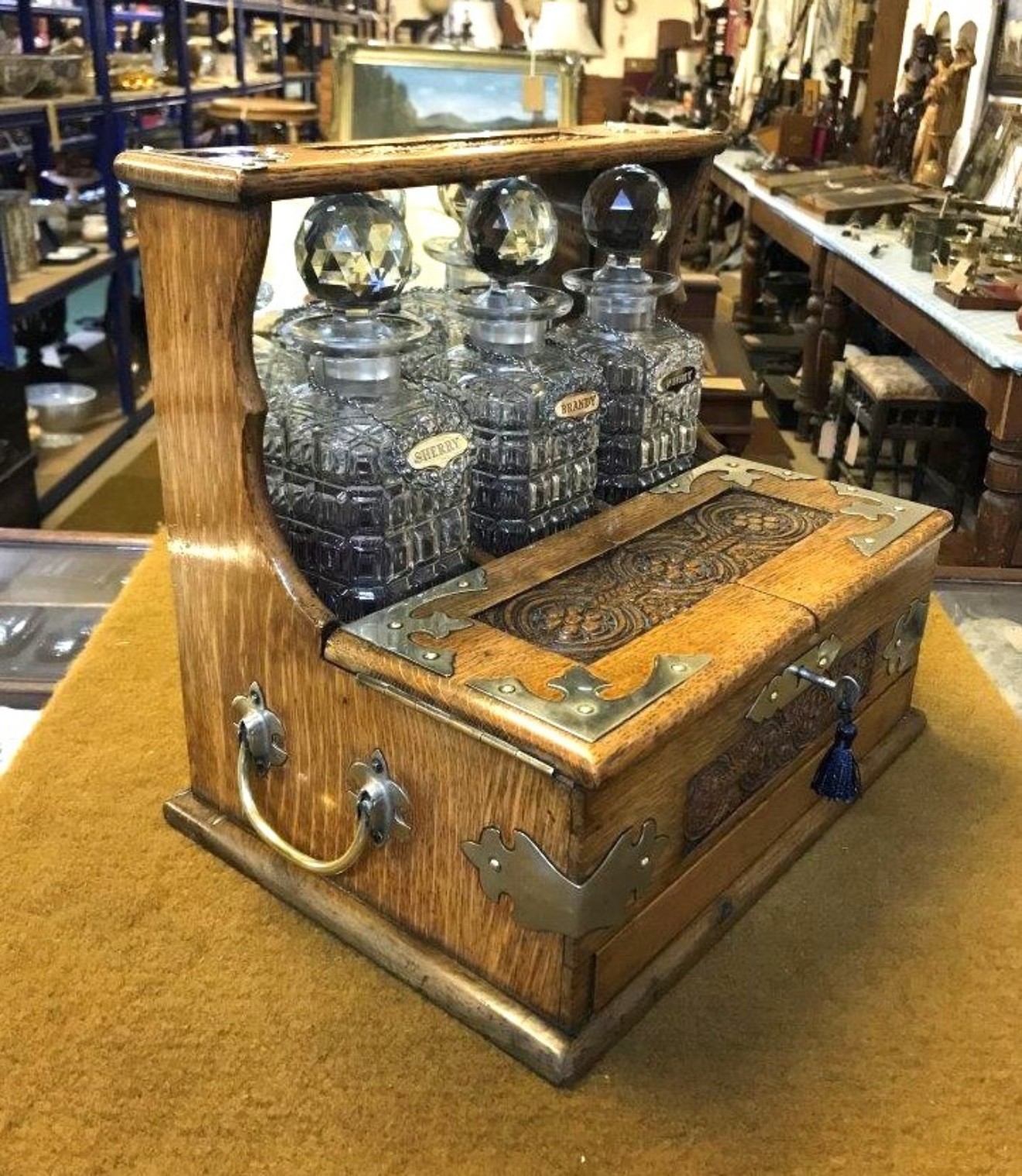 Victorian Oak Tantalus / Games Compendium with 3 Hob Nail Cut Glass Decanters and Silver Plated Fixtures