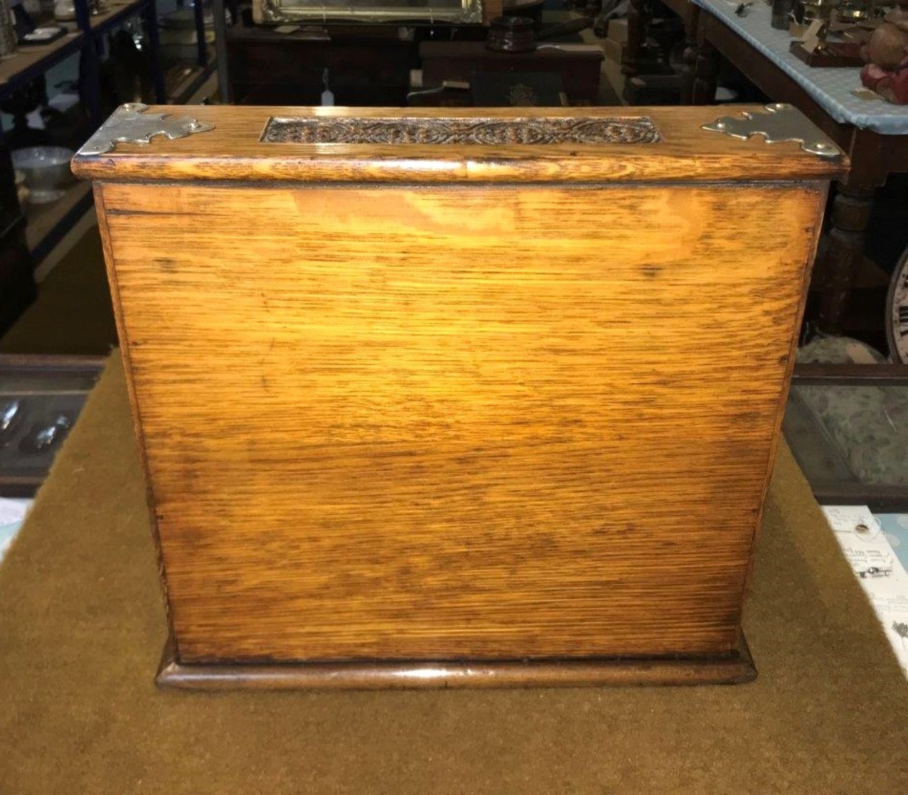 Victorian Oak Tantalus / Games Compendium with 3 Hob Nail Cut Glass Decanters and Silver Plated Fixtures