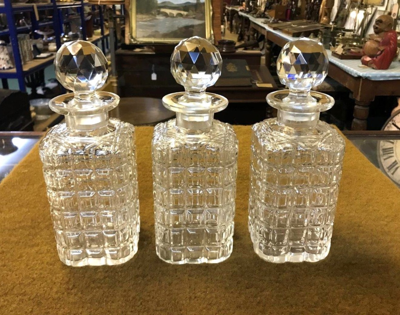 Victorian Oak Tantalus / Games Compendium with 3 Hob Nail Cut Glass Decanters and Silver Plated Fixtures