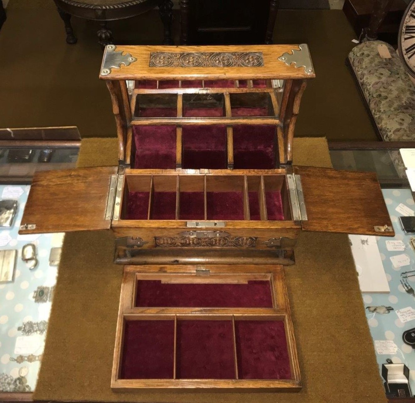 Victorian Oak Tantalus / Games Compendium with 3 Hob Nail Cut Glass Decanters and Silver Plated Fixtures