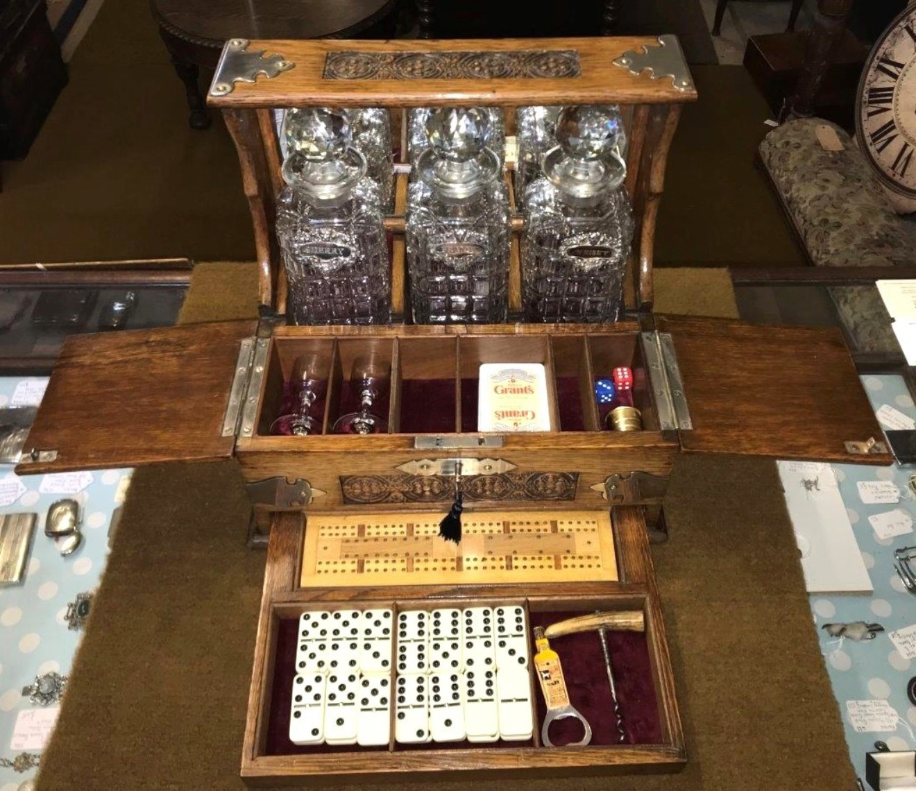 Victorian Oak Tantalus / Games Compendium with 3 Hob Nail Cut Glass Decanters and Silver Plated Fixtures