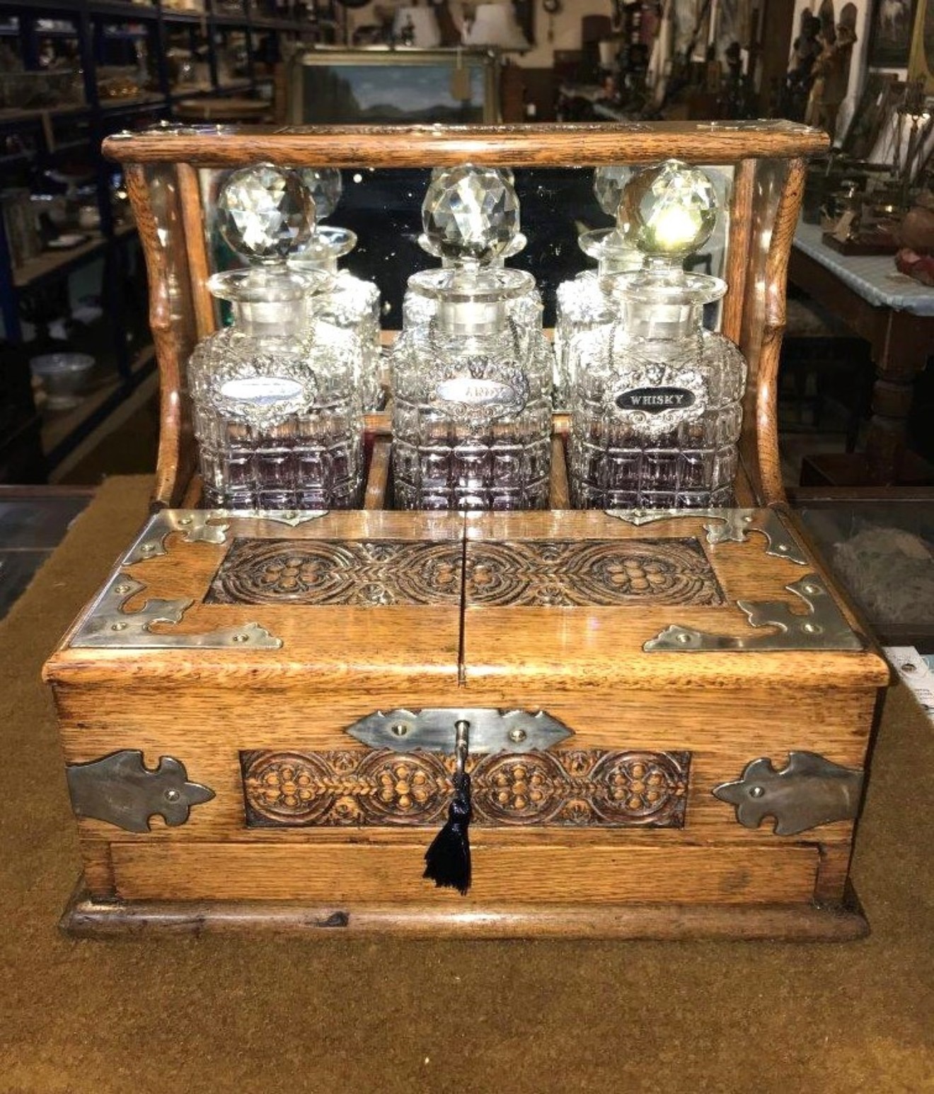 Victorian Oak Tantalus / Games Compendium with 3 Hob Nail Cut Glass Decanters and Silver Plated Fixtures