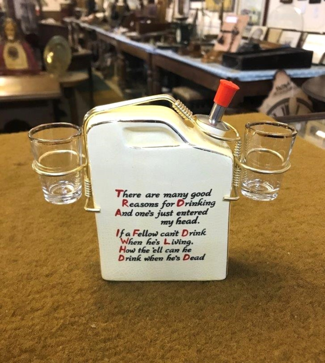 Vintage 1950s Bourne of Harlesden Ceramic Whisky Flask and Glasses