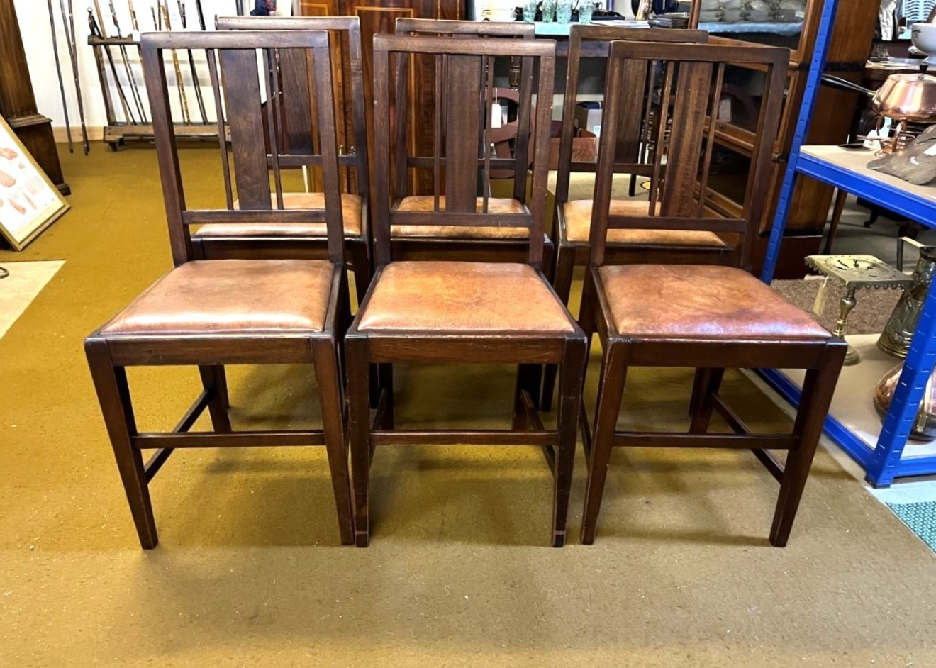 Vintage Set of 6 Dining Chairs Mahogany Frames with Leather Seats