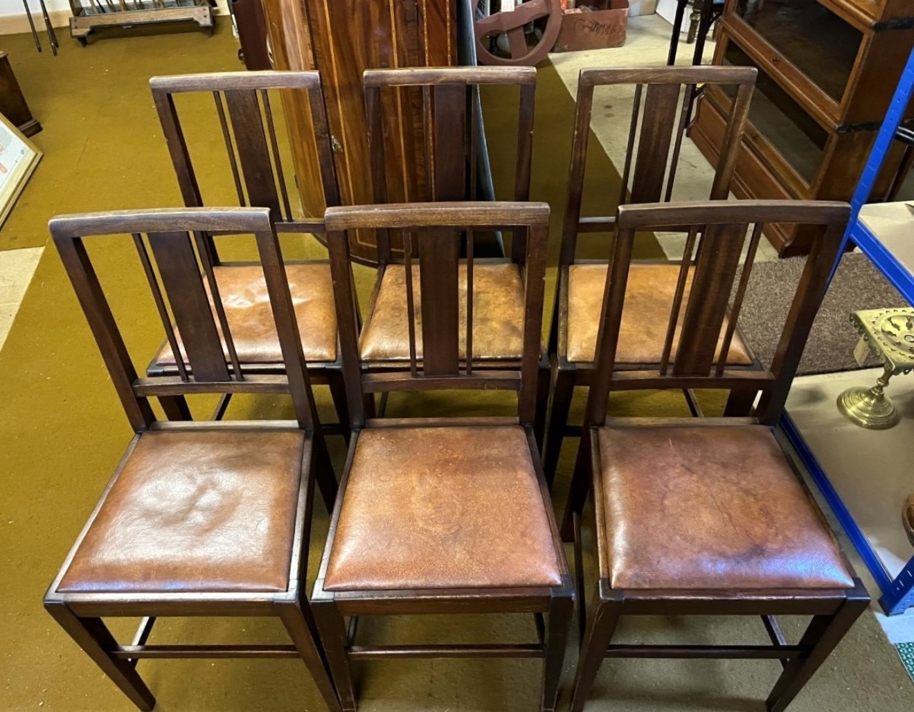 Vintage Set of 6 Dining Chairs Mahogany Frames with Leather Seats