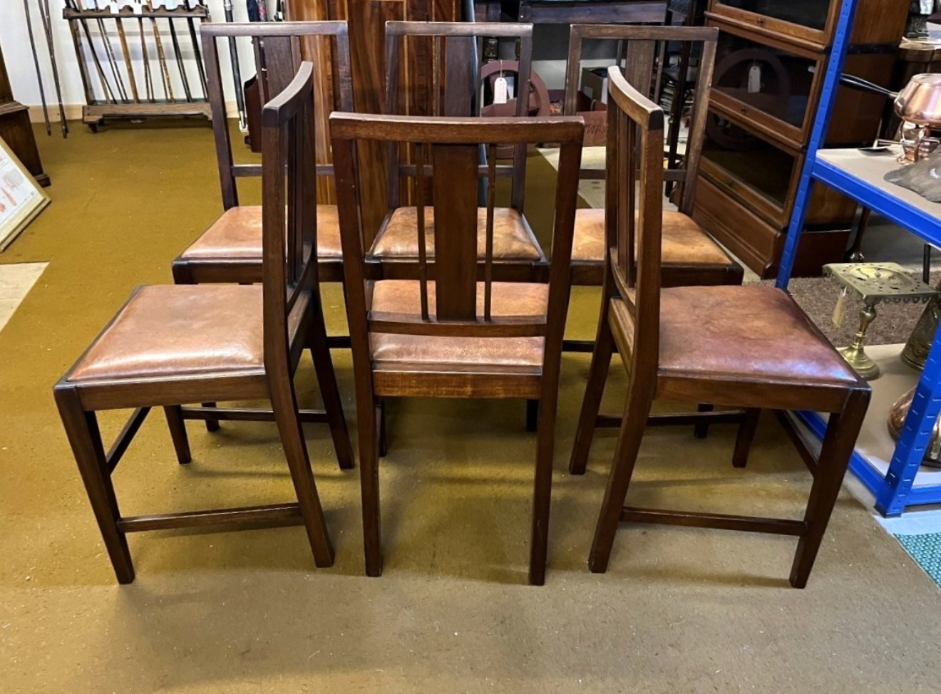 Vintage Set of 6 Dining Chairs Mahogany Frames with Leather Seats