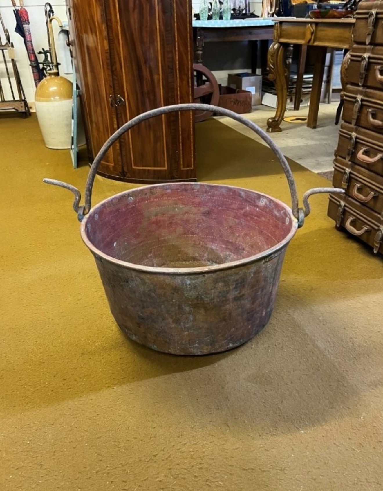 Antique Large French Hanging Copper Cauldron with Decorative Hand Tooled Design