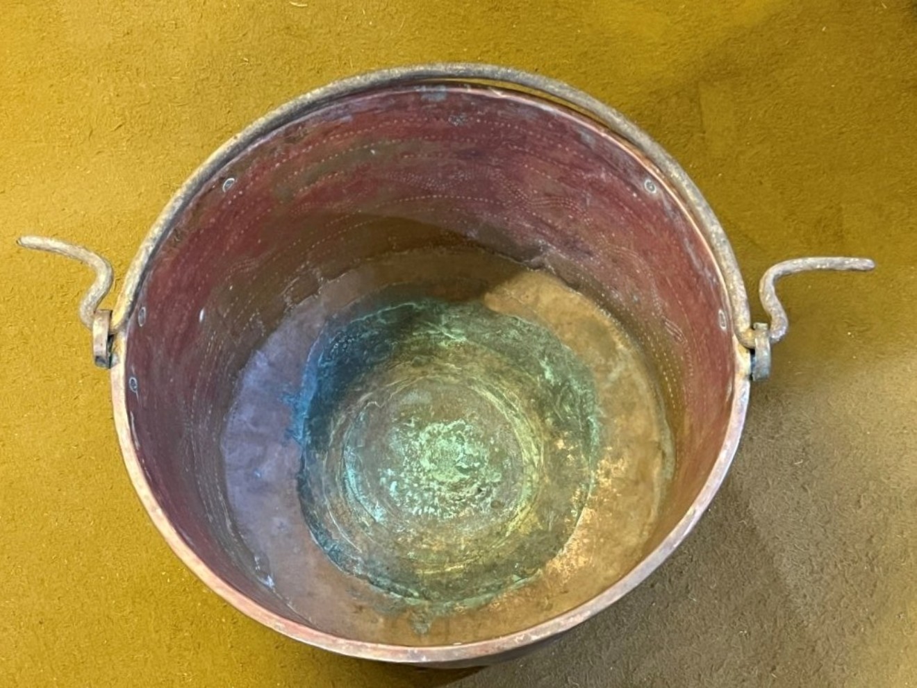 Antique Large French Hanging Copper Cauldron with Decorative Hand Tooled Design