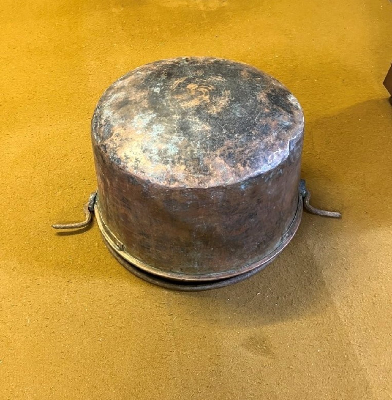Antique Large French Hanging Copper Cauldron with Decorative Hand Tooled Design