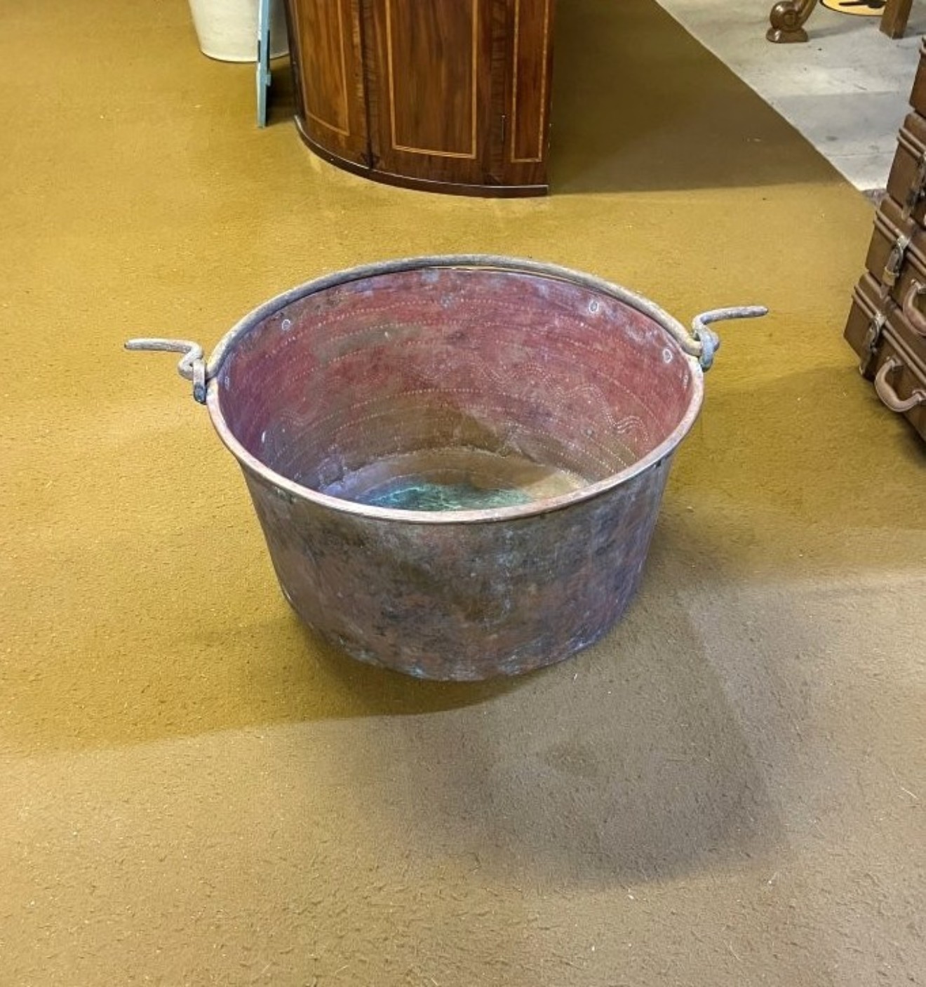 Antique Large French Hanging Copper Cauldron with Decorative Hand Tooled Design
