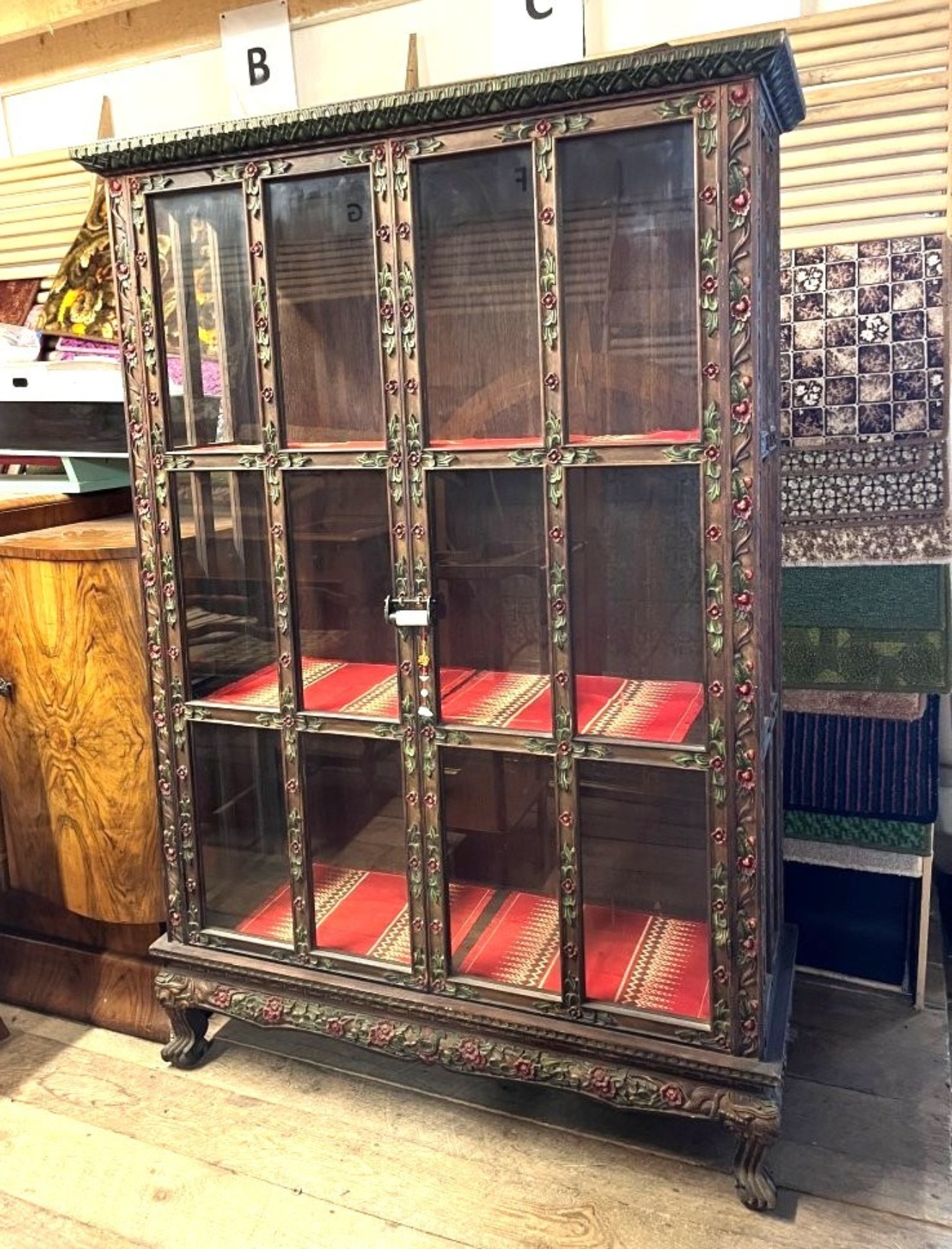 Antique Asian Hand Carved and Painted Hardwood Display Cabinet
