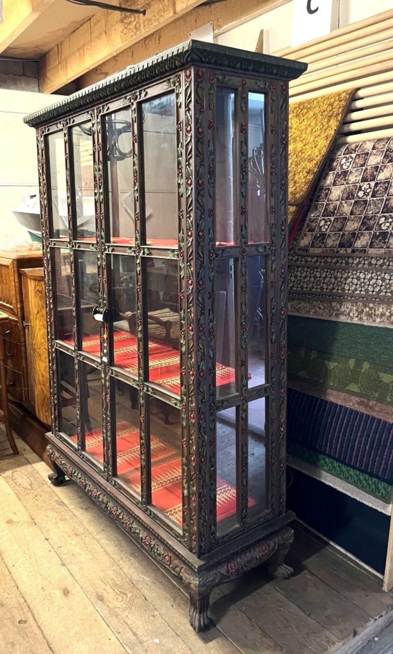 Antique Asian Hand Carved and Painted Hardwood Display Cabinet