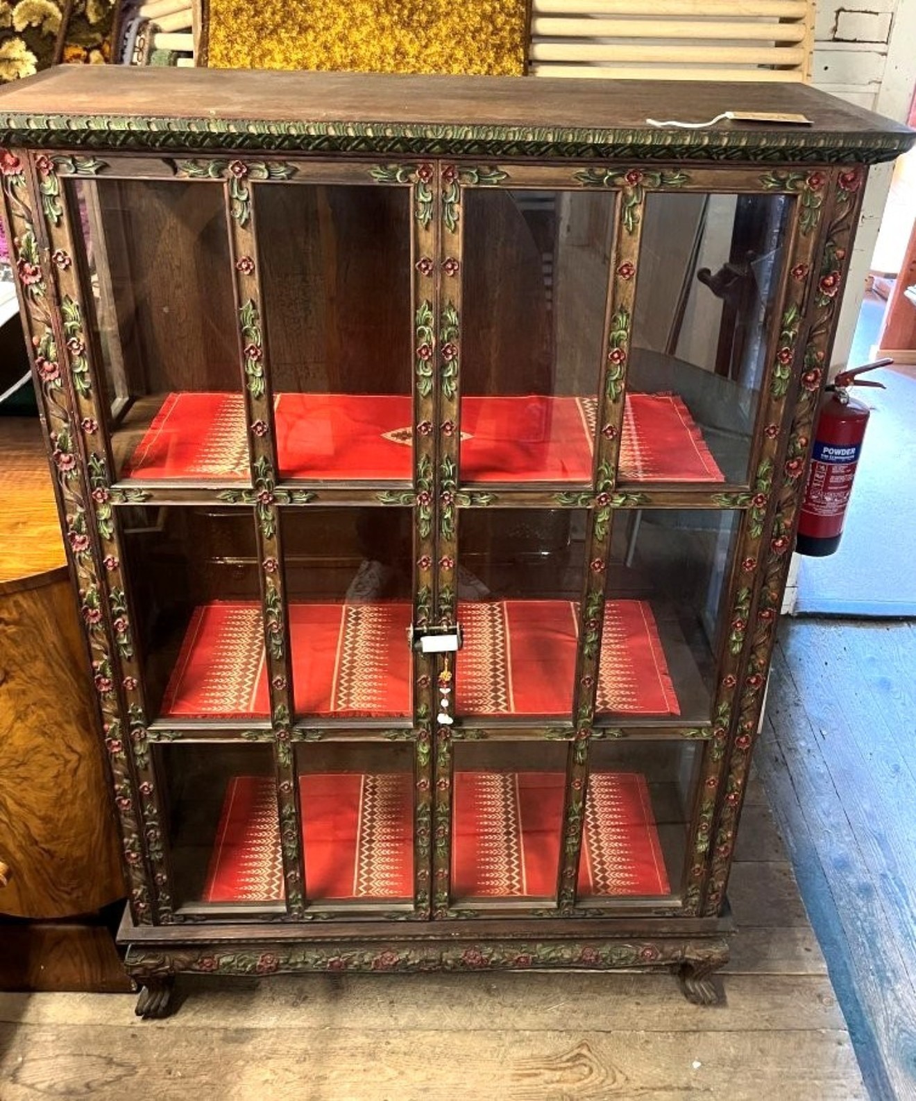 Antique Asian Hand Carved and Painted Hardwood Display Cabinet