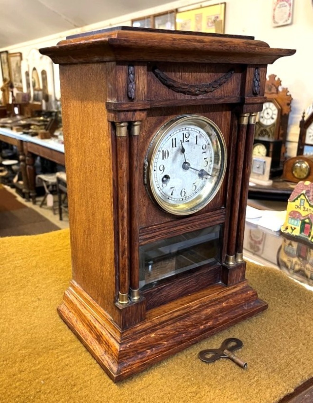 Antique Golden Oak Mantel Clock by Hamburg American Clock Company