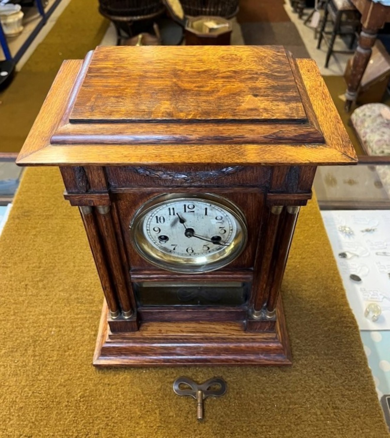 Antique Golden Oak Mantel Clock by Hamburg American Clock Company