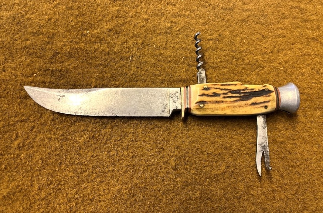 Vintage Horn Handle Hunting Knife with Corkscrew and Can Opener