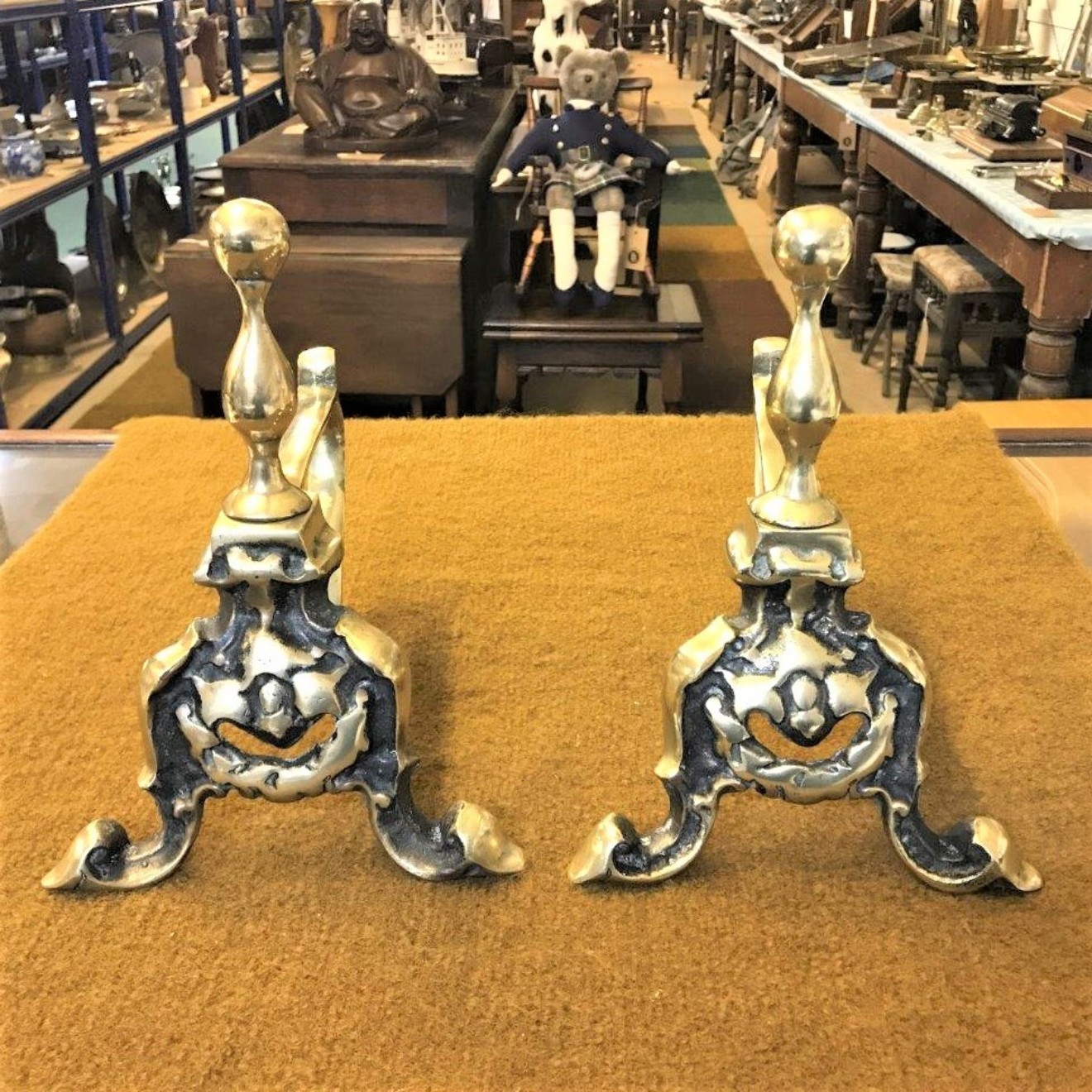 Vintage Pair of Cast Brass Fireside Dogs