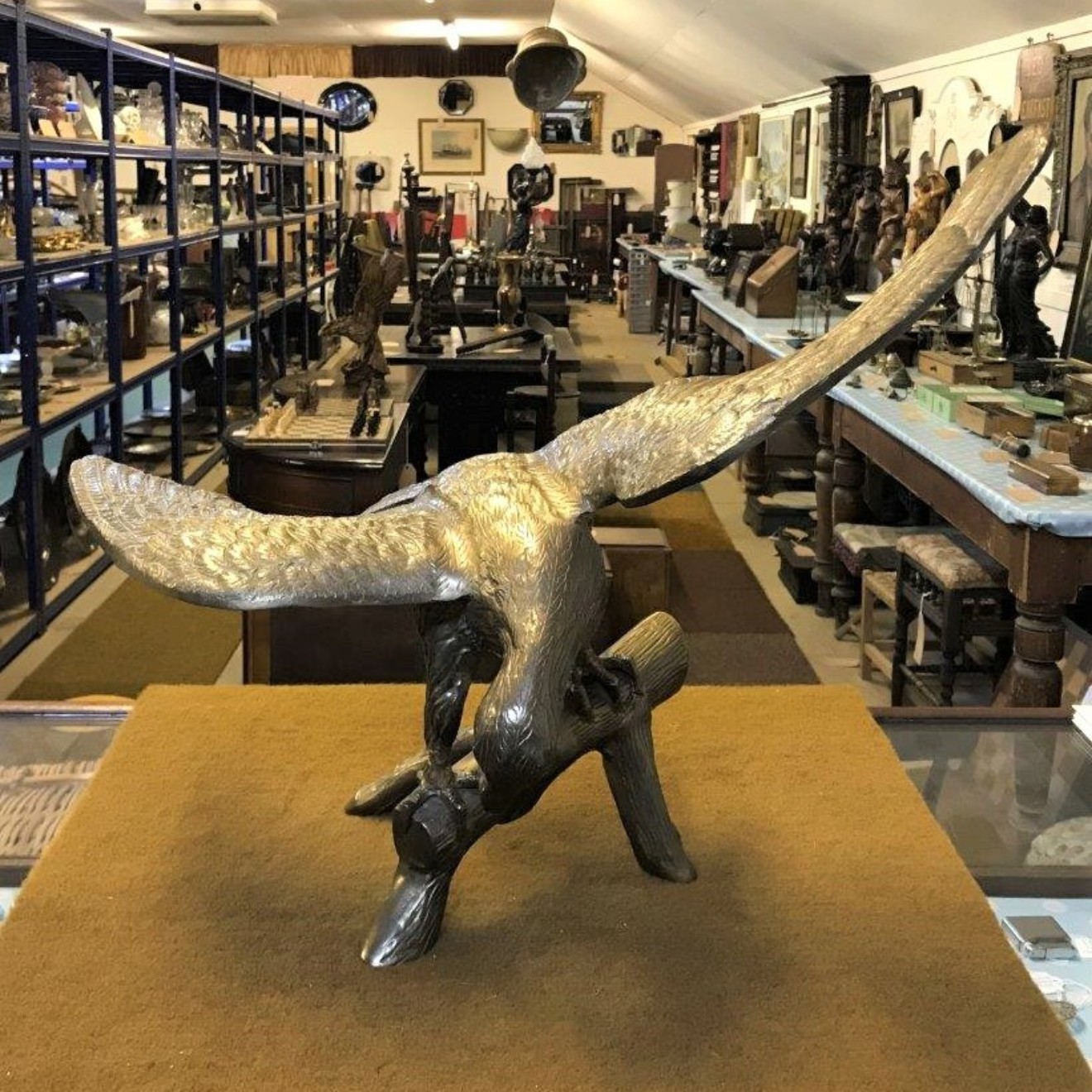 Large Cast Brass Eagle on Log