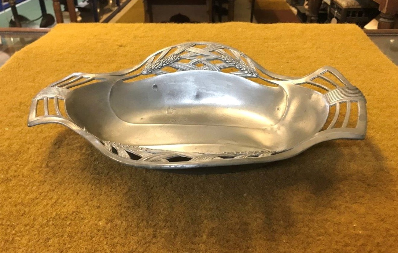 Art Nouveau / Jugendstil Orivit Pewter Oval Tray / Bread Dish with Wheat Sheaf Design