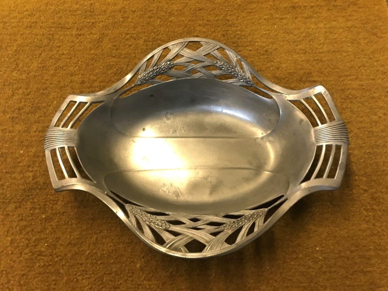 Art Nouveau / Jugendstil Orivit Pewter Oval Tray / Bread Dish with Wheat Sheaf Design