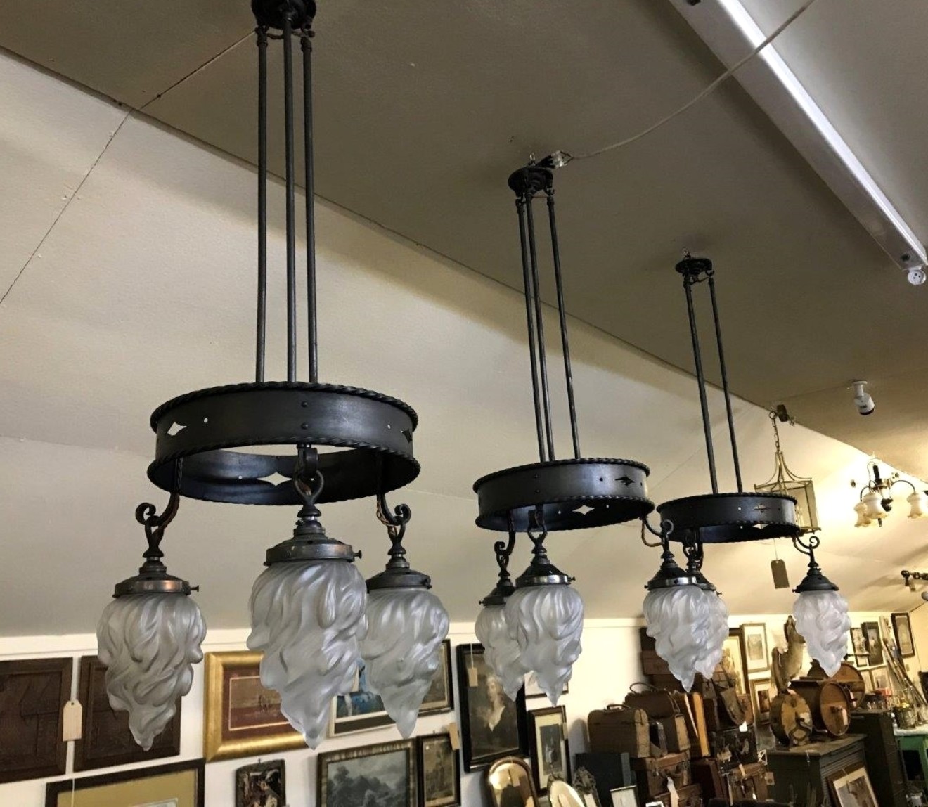 Antique Rustic Circular Light Fittings c/w 3 Flambeau / Empire Flame Globes