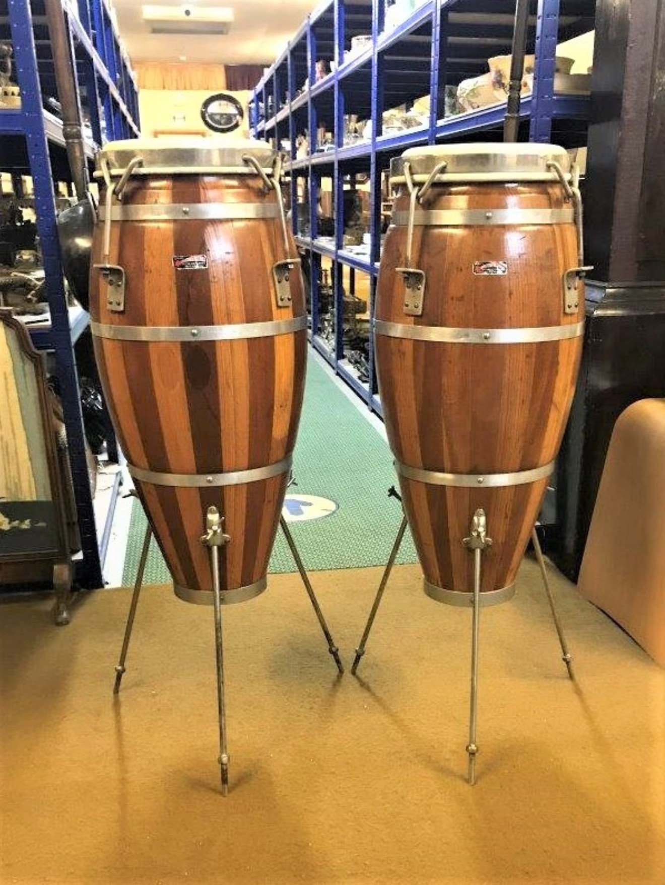 Vintage Pair of Mixed Wood Conga Drums