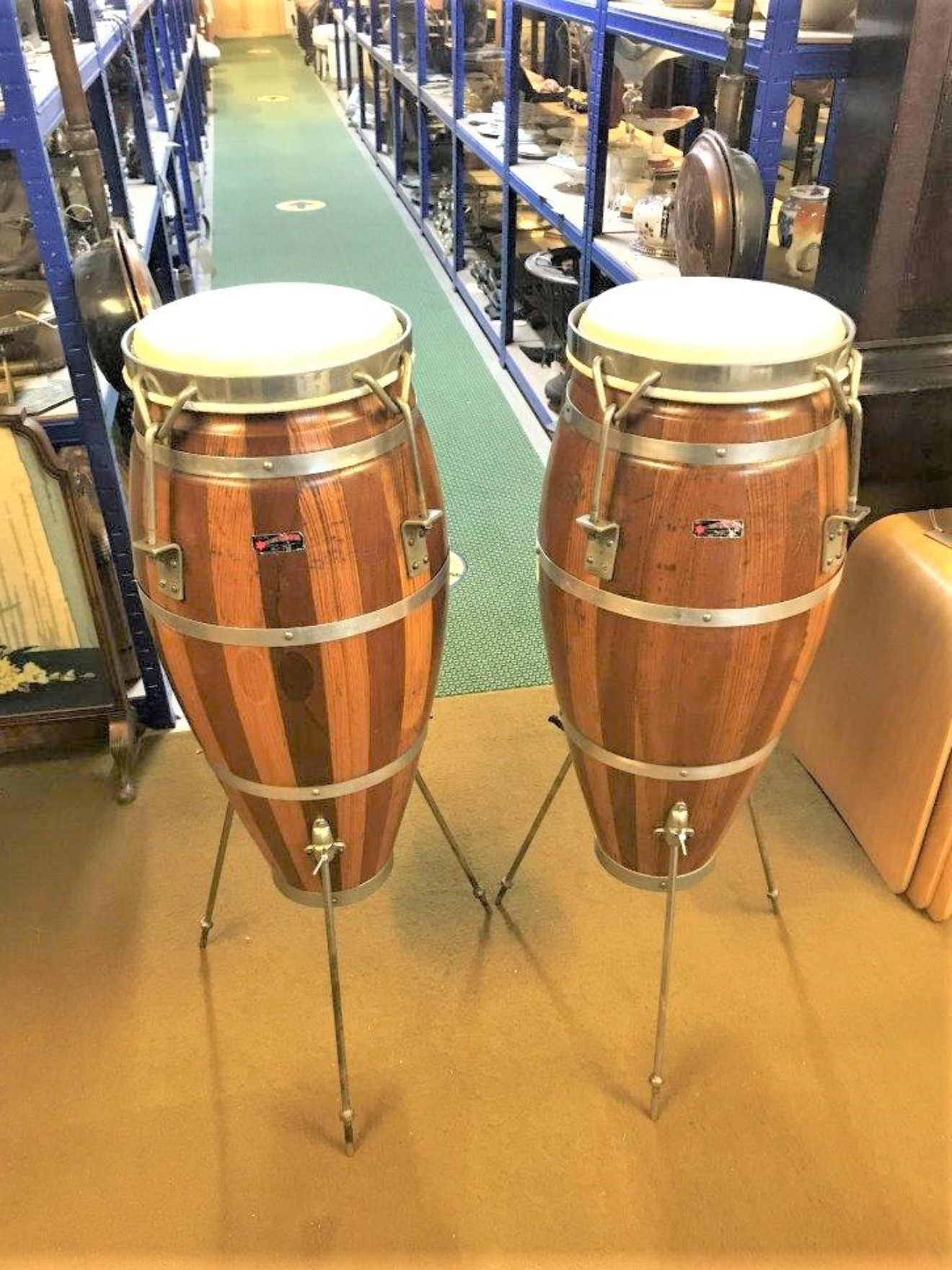 Vintage Pair of Mixed Wood Conga Drums