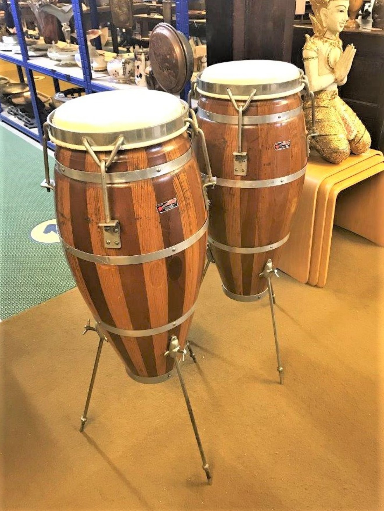 Vintage Pair of Mixed Wood Conga Drums