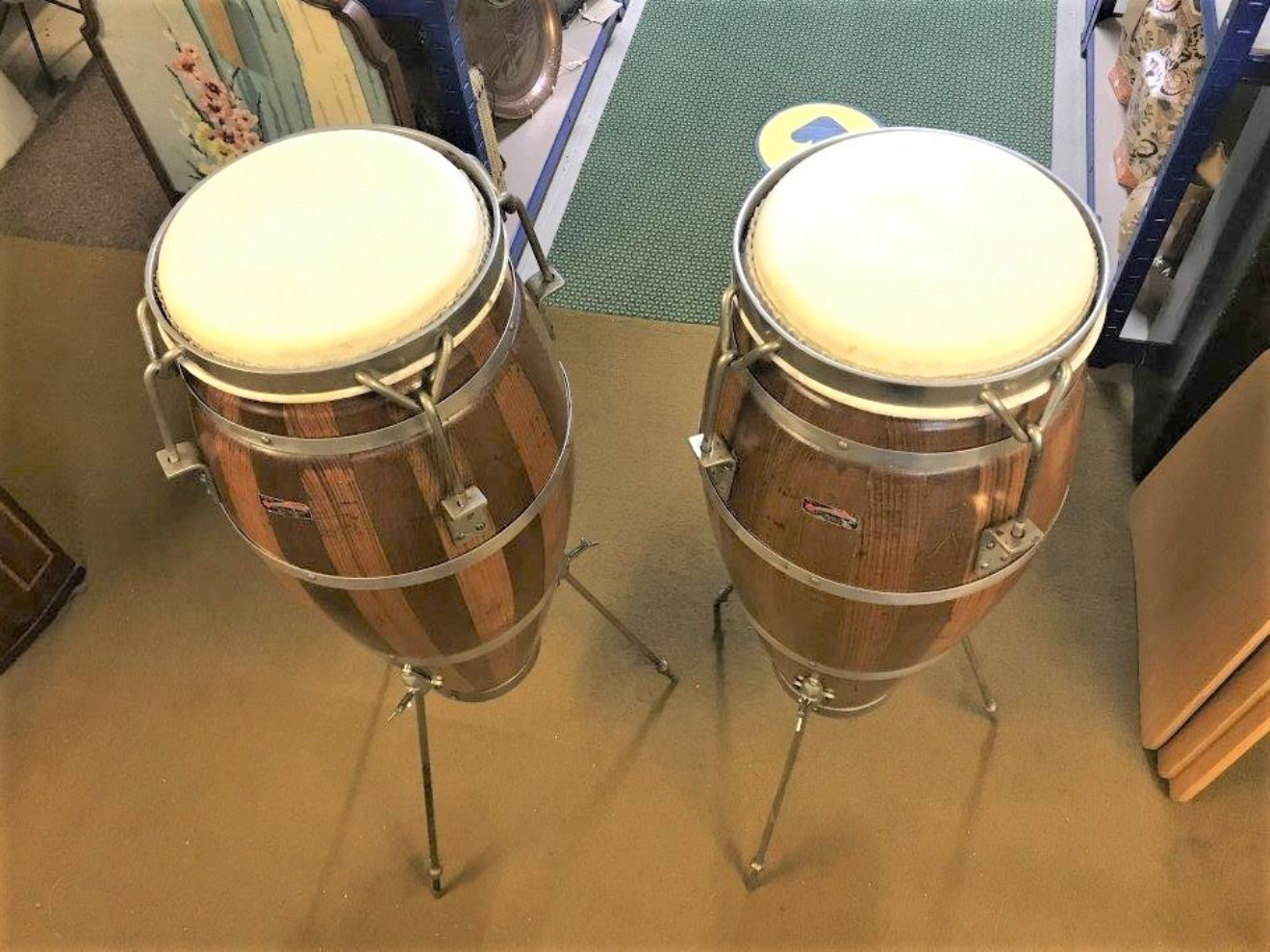 Vintage Pair of Mixed Wood Conga Drums