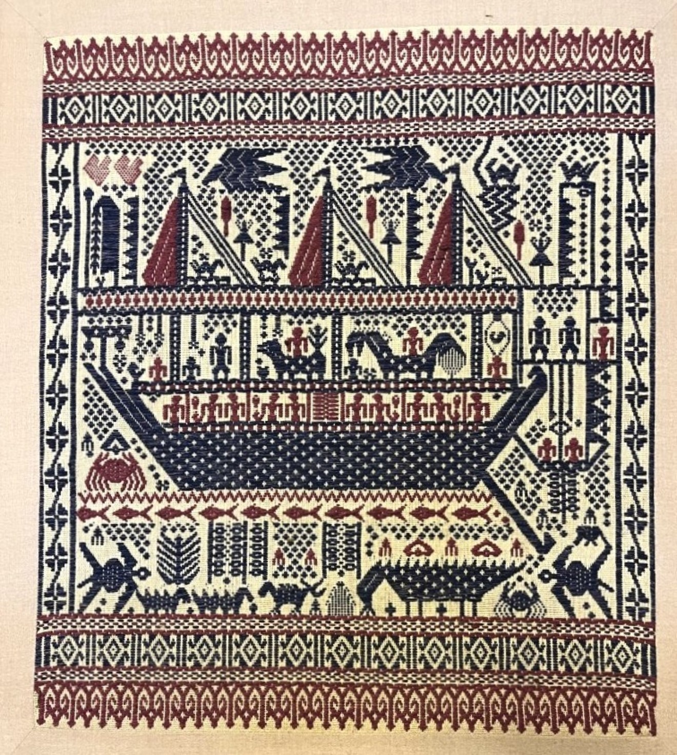 Vintage Indonesian Tampan Pasisir "Ship Cloths" Framed Tapestry