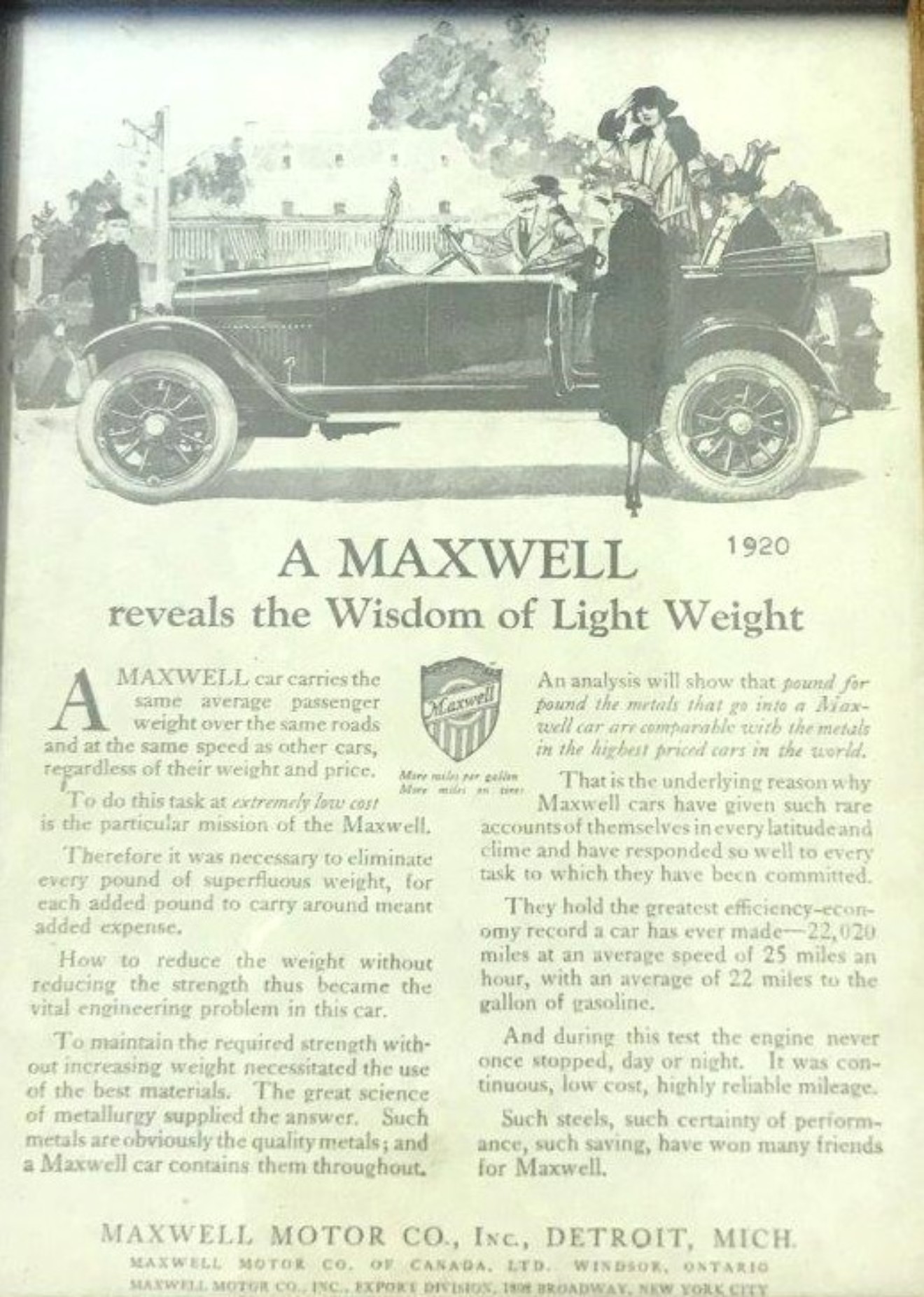 Antique Framed Maxwell Motor Car Advert ﻿'A Maxwell Reveals the Wisdom of Light Weight'