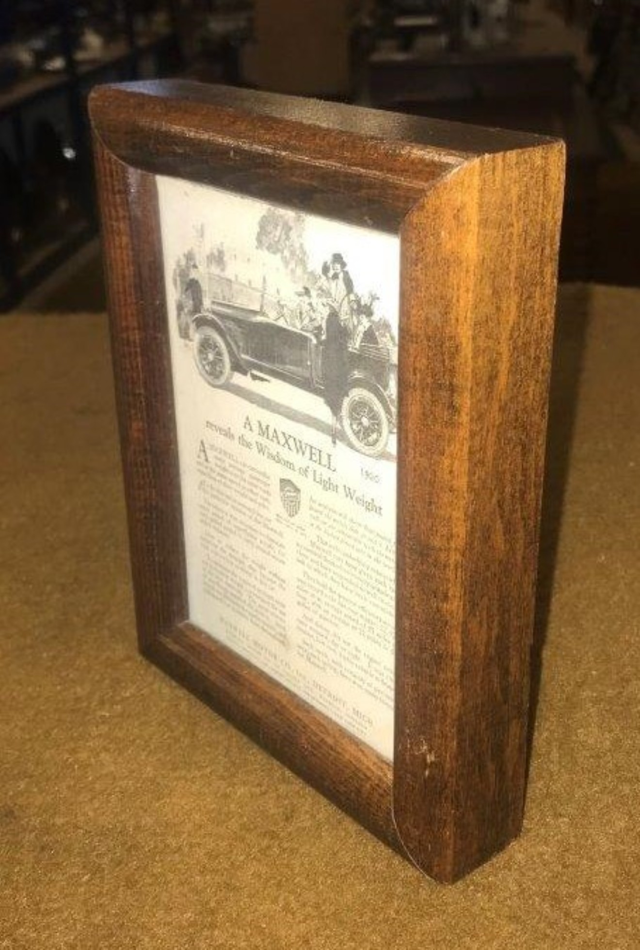 Antique Framed Maxwell Motor Car Advert ﻿'A Maxwell Reveals the Wisdom of Light Weight'