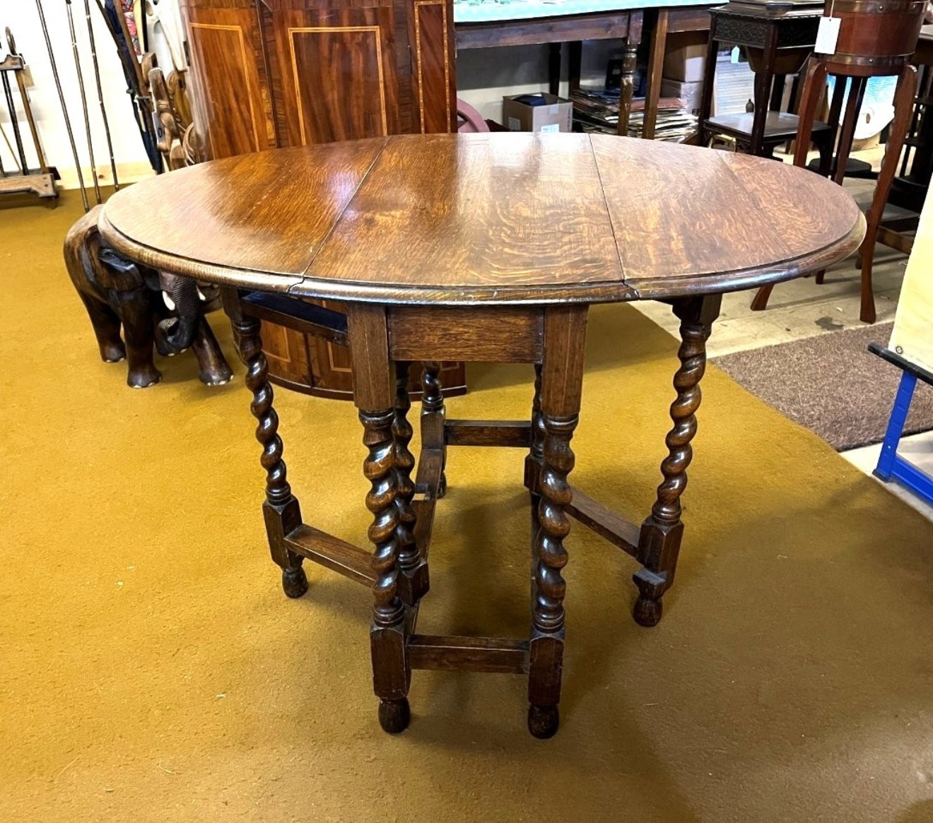Antique Dark Oak Oval Gate Leg Table with Barley Twist Legs