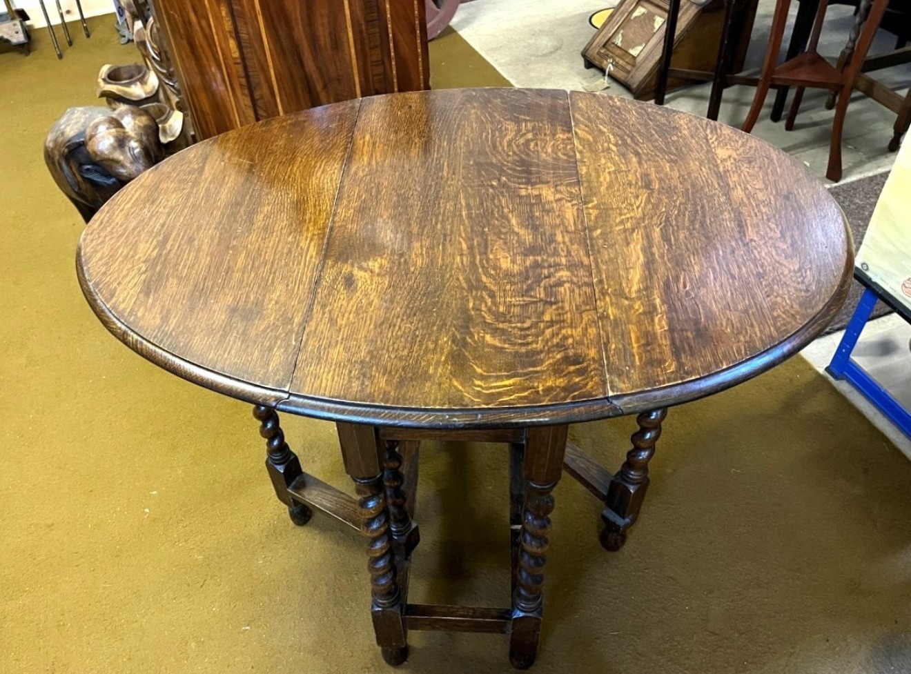 Antique Dark Oak Oval Gate Leg Table with Barley Twist Legs