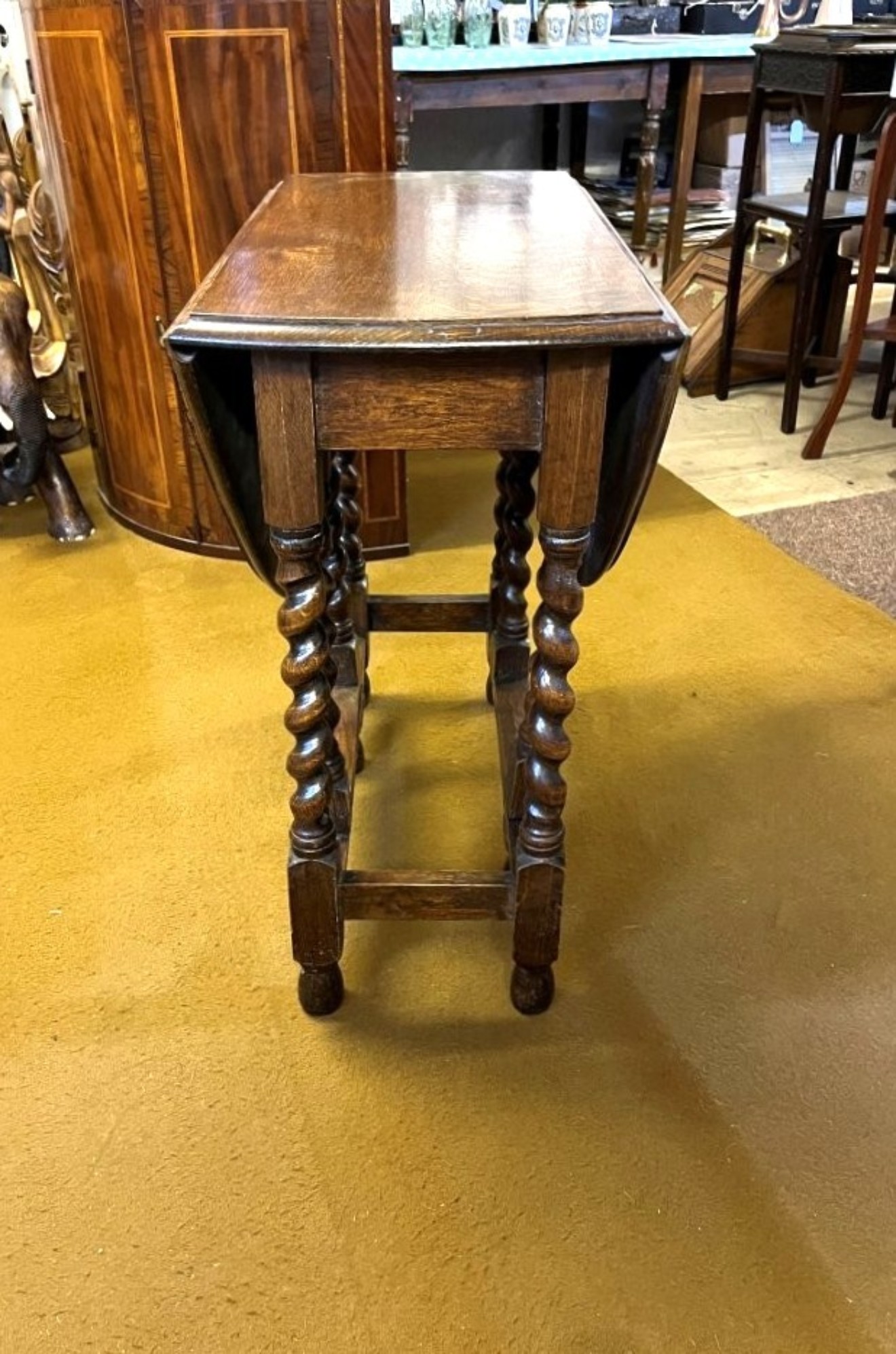 Antique Dark Oak Oval Gate Leg Table with Barley Twist Legs