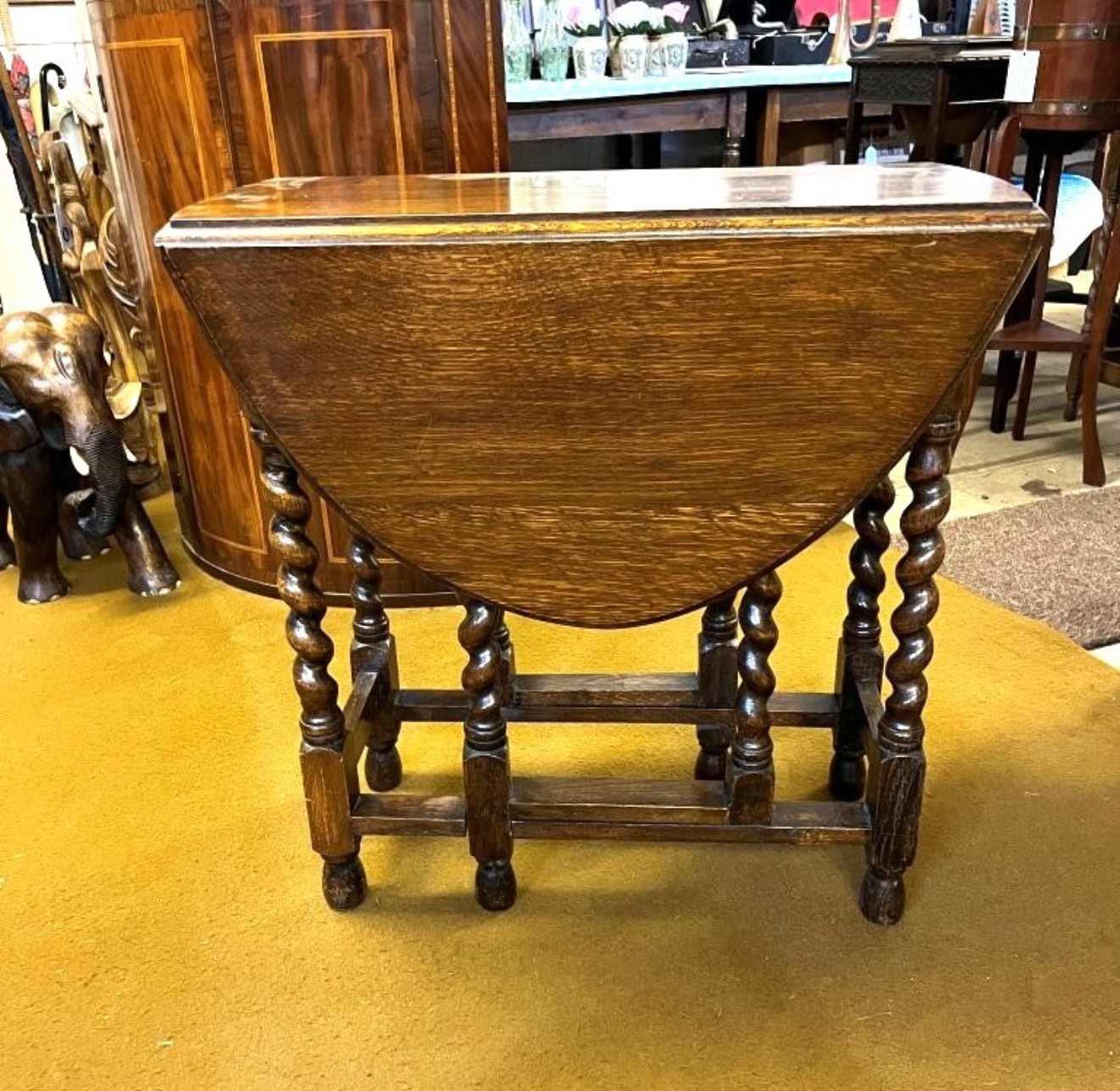 Antique Dark Oak Oval Gate Leg Table with Barley Twist Legs