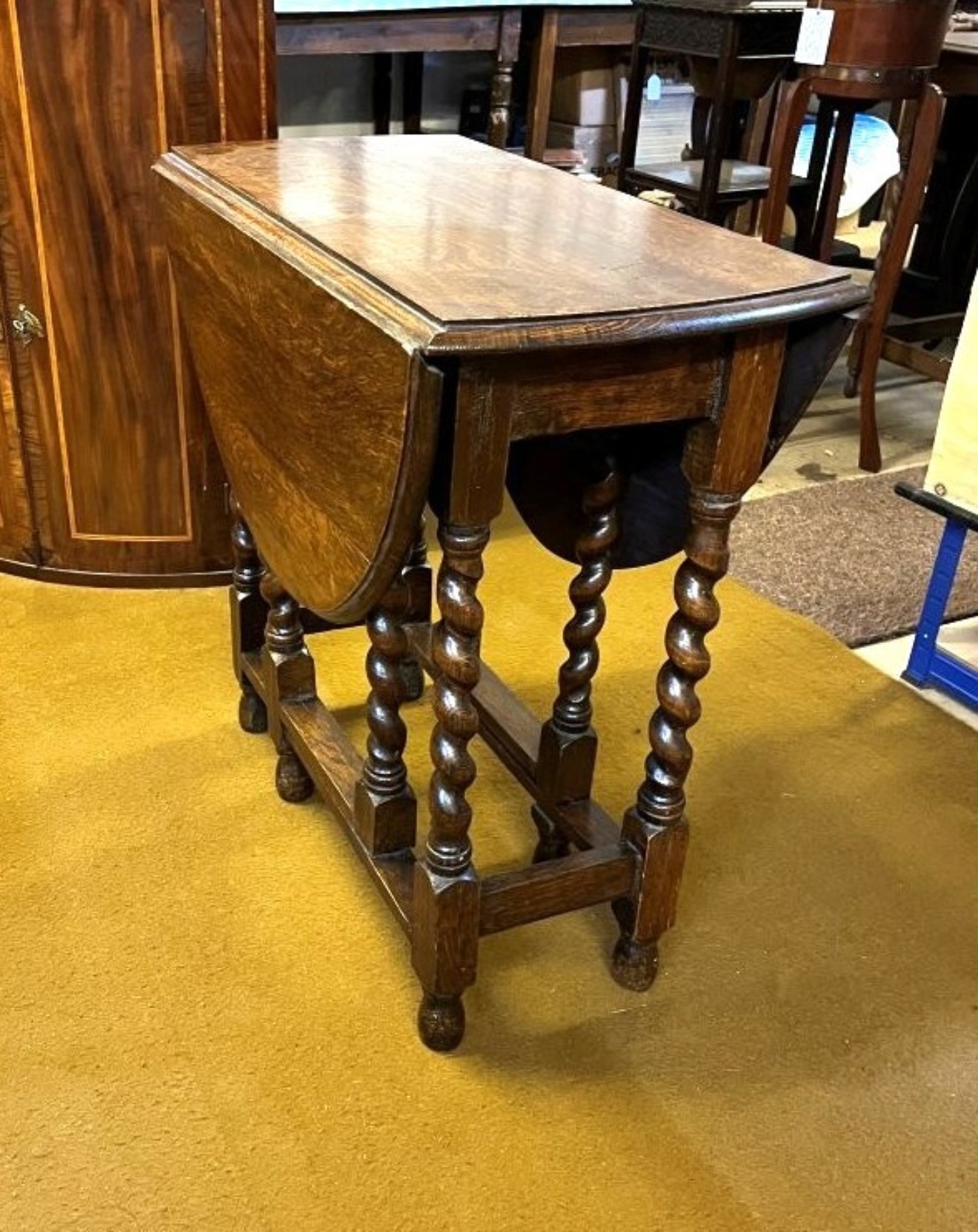 Antique Dark Oak Oval Gate Leg Table with Barley Twist Legs